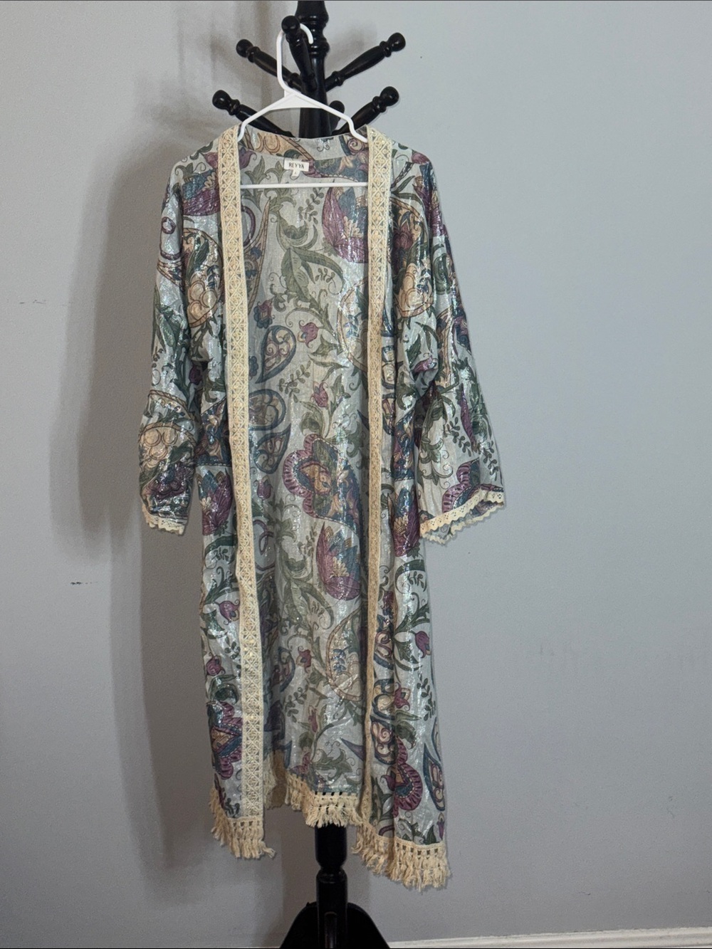 Boho Paisley Lace-Trim Kimono Robe - Cream & Multicolor 30.T